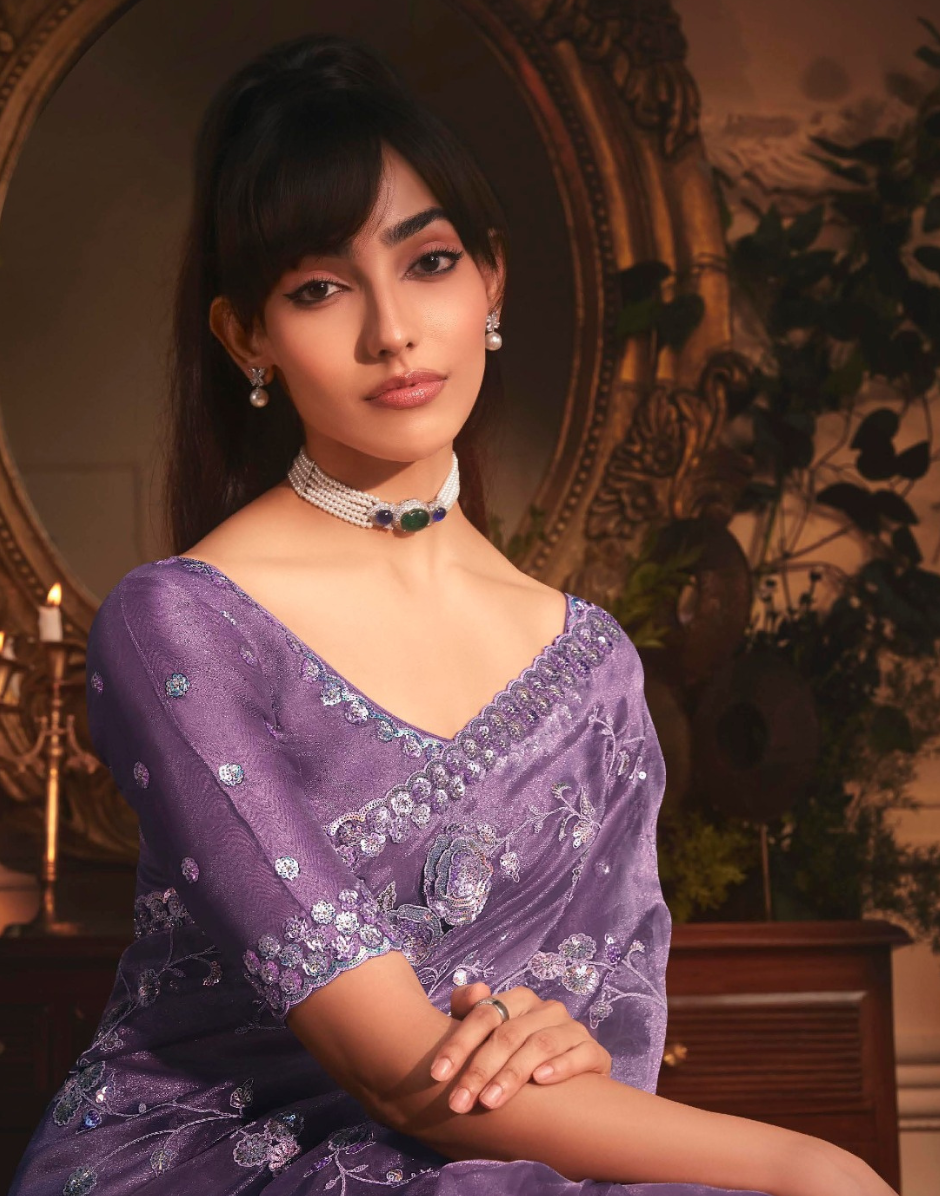 Designer Purple Organza Saree with All Over Butta Embroidery and Heavy Stone Work Border - Buy