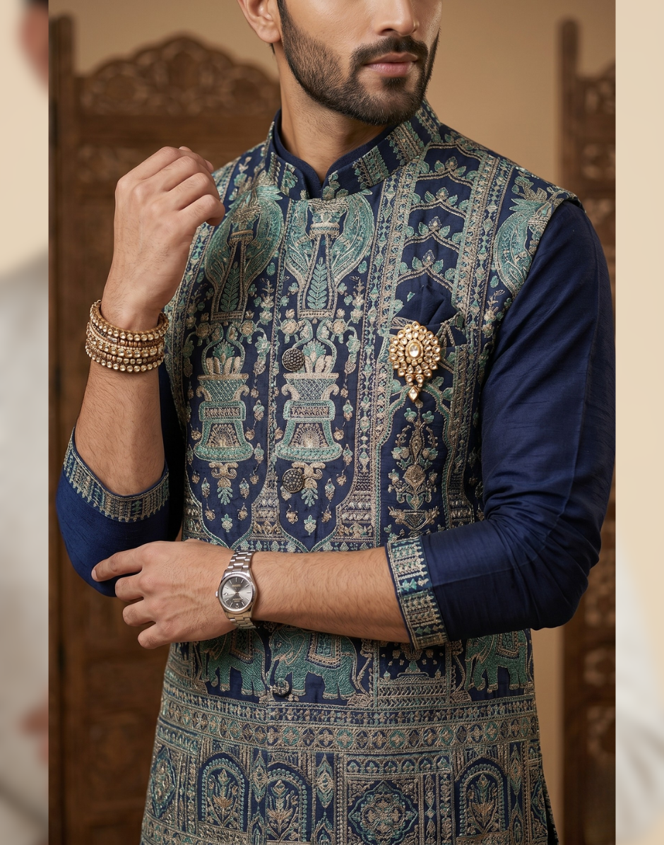 Royal Navy Blue Kurta Pyjama Set with Embroidered Nehru Jacket – Festive & Wedding Wear