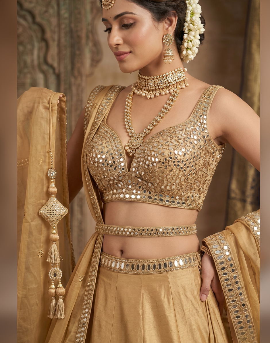 Royal Champagne Gold Mirror Embroidered Lehenga Choli Set with Dupatta