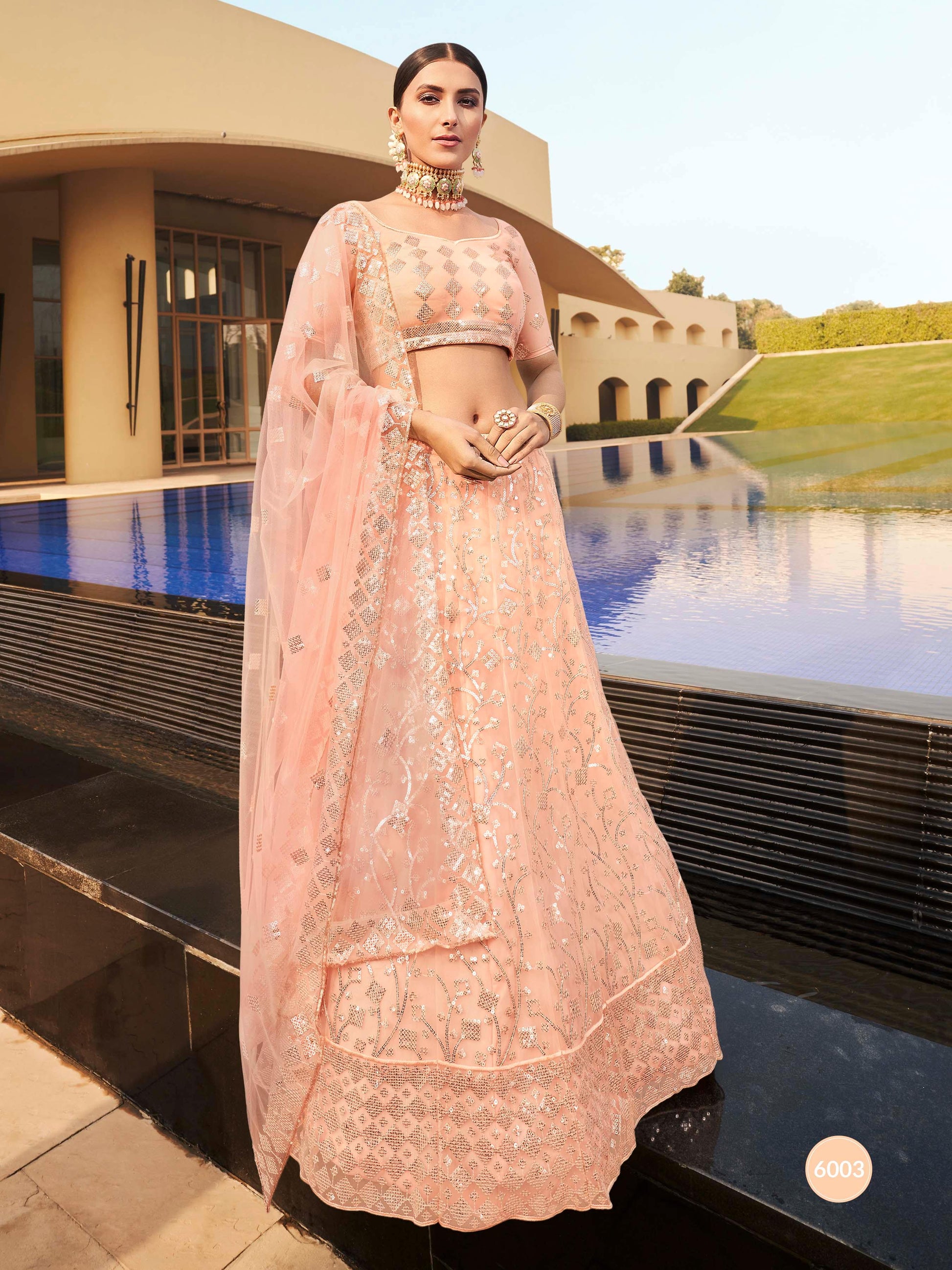 Peach Soft Net Heavy Embroidered Lehenga Set-Rent - Glamourental