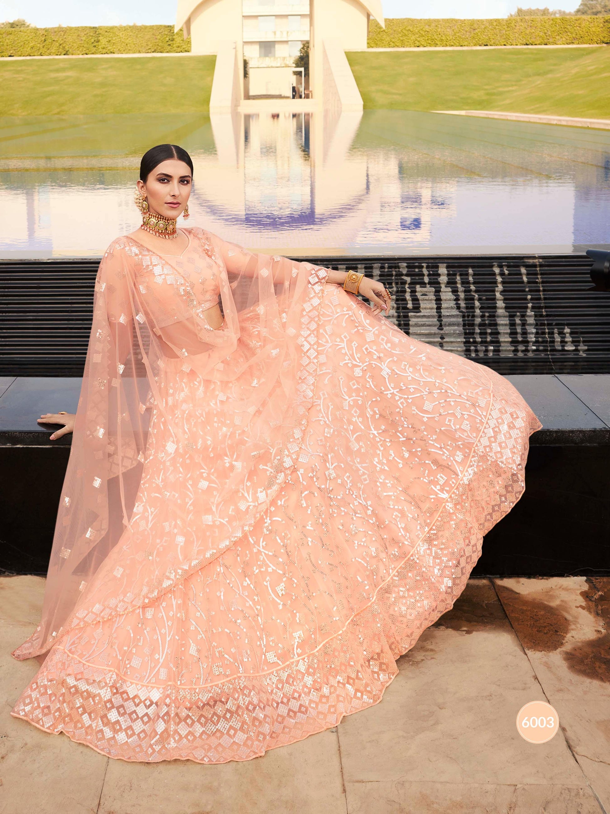 Peach Soft Net Heavy Embroidered Lehenga Set-Rent - Glamourental