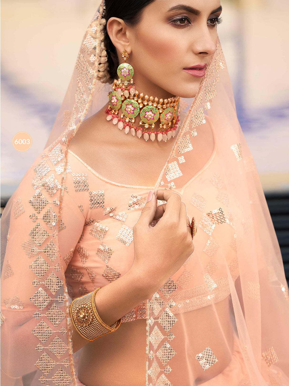 Peach Soft Net Heavy Embroidered Lehenga Set-Rent - Glamourental