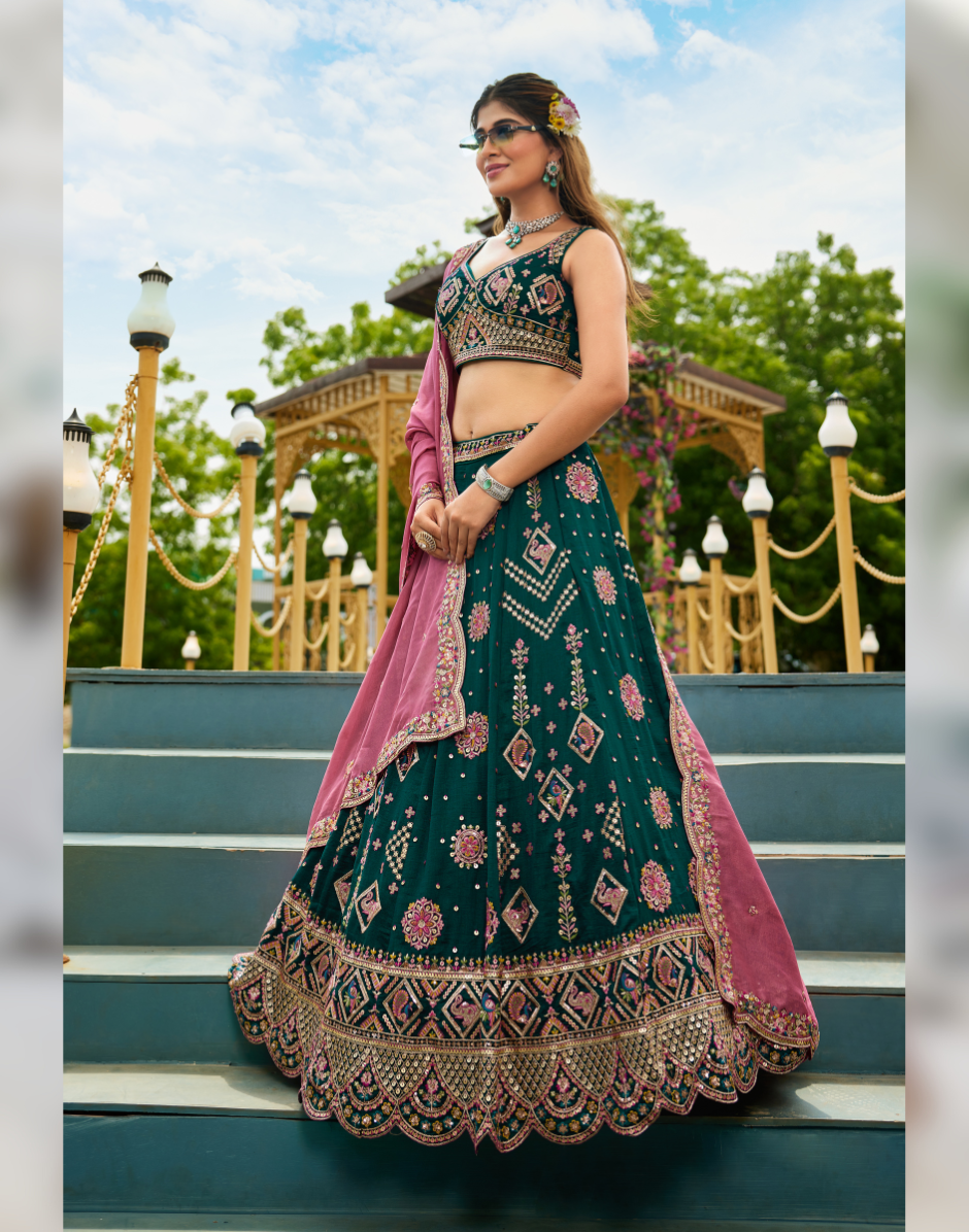 Glam Georgette Lehenga Set with Sequin, Coding & Thread Work with Dupatta - Buy