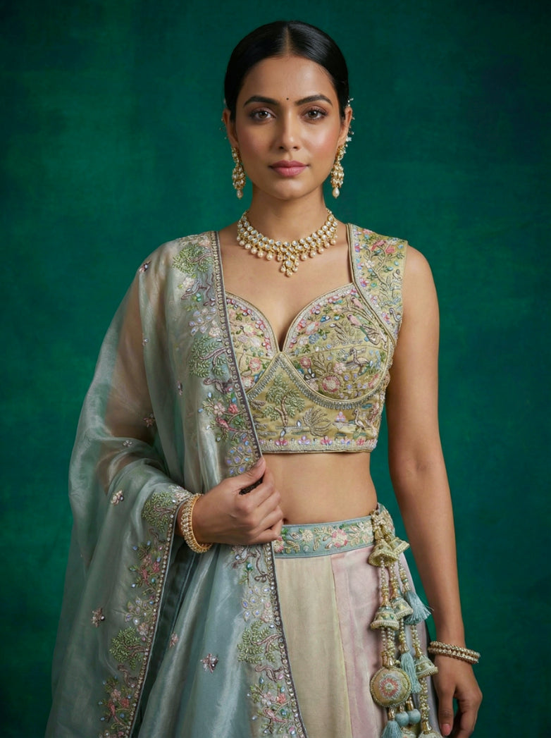 Multi-Color Organza Embroidered Lehenga for Reception - RENT