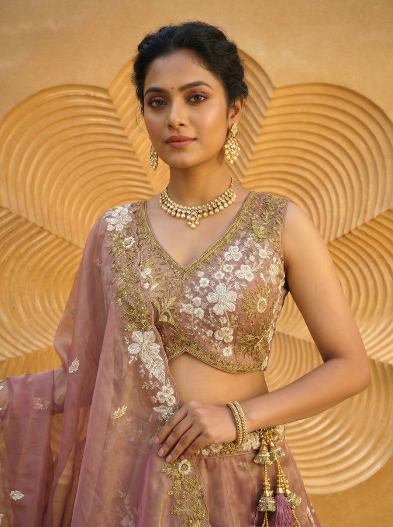 RoseGold Tissue Lehenga Choli for Sangeet - RENT