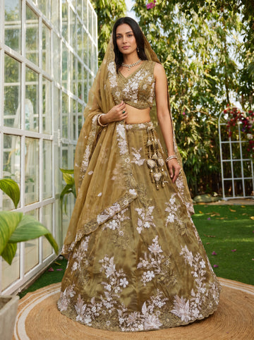Gold Sequence Embroidered  Lehenga for Wedding Guest - RENT