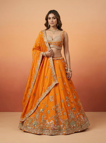 Orange Lehenga with Peacock Embroidery for Wedding Guest - RENT
