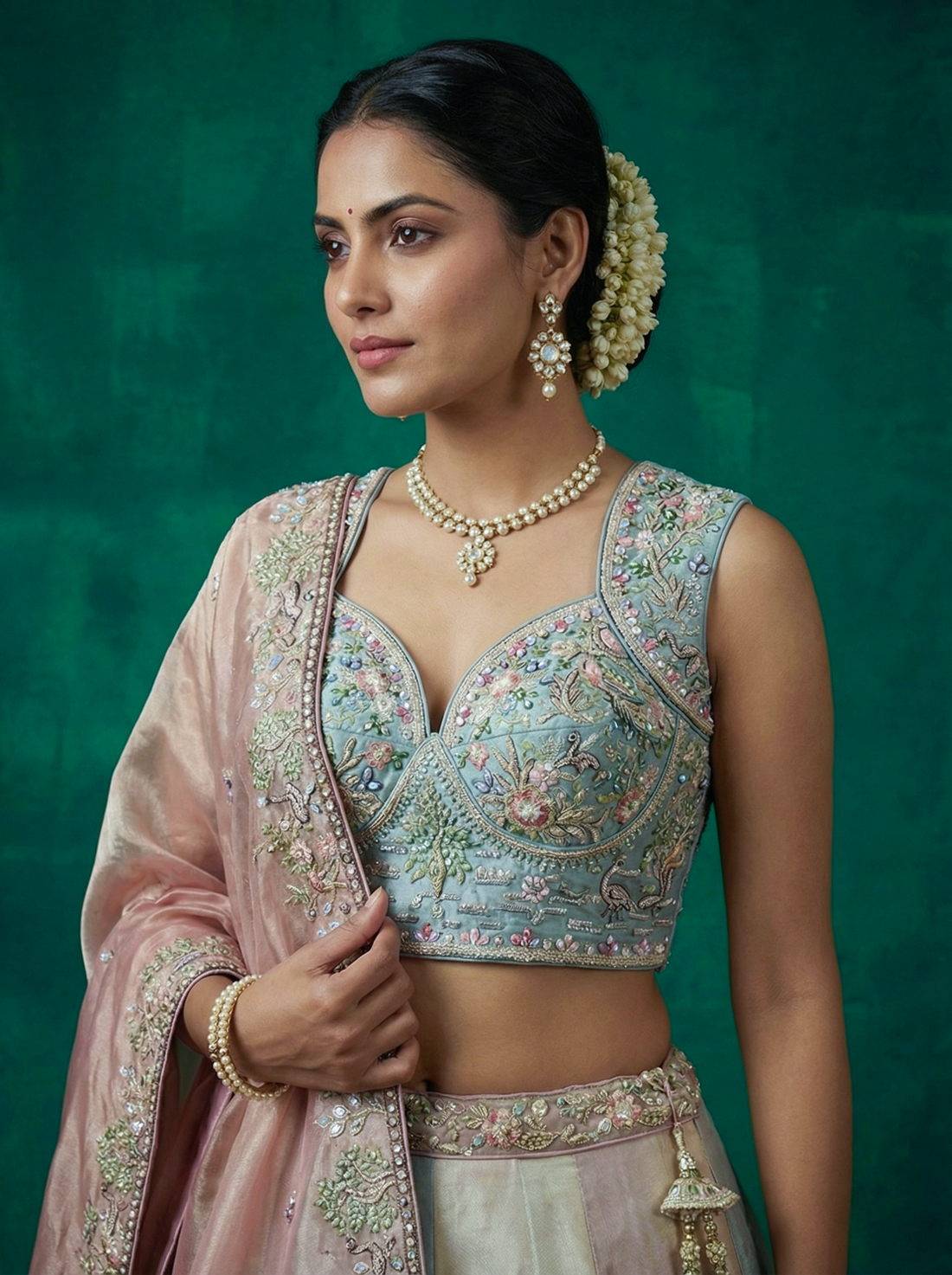 Green Tissue Sequence Embroidered for Wedding Guest - RENT