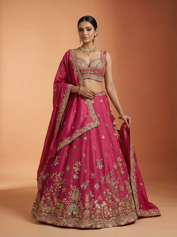 Pink Tissue Embroidered Lehenga for Wedding - RENT