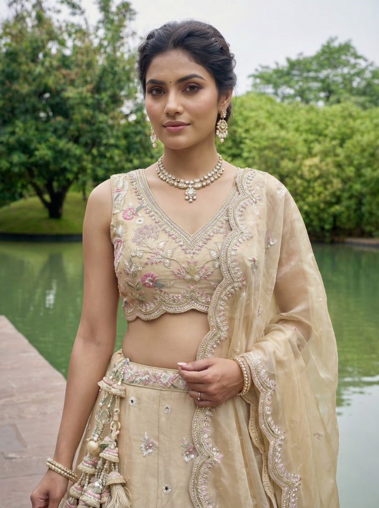 Beige Tissue Mirror Embroidered for Bridesmaid - RENT