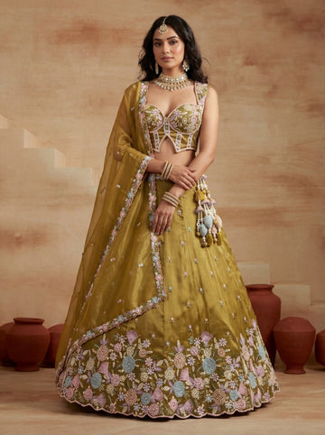 Mustard Tissue Moti Embroidered Lehenga for Guest - RENT