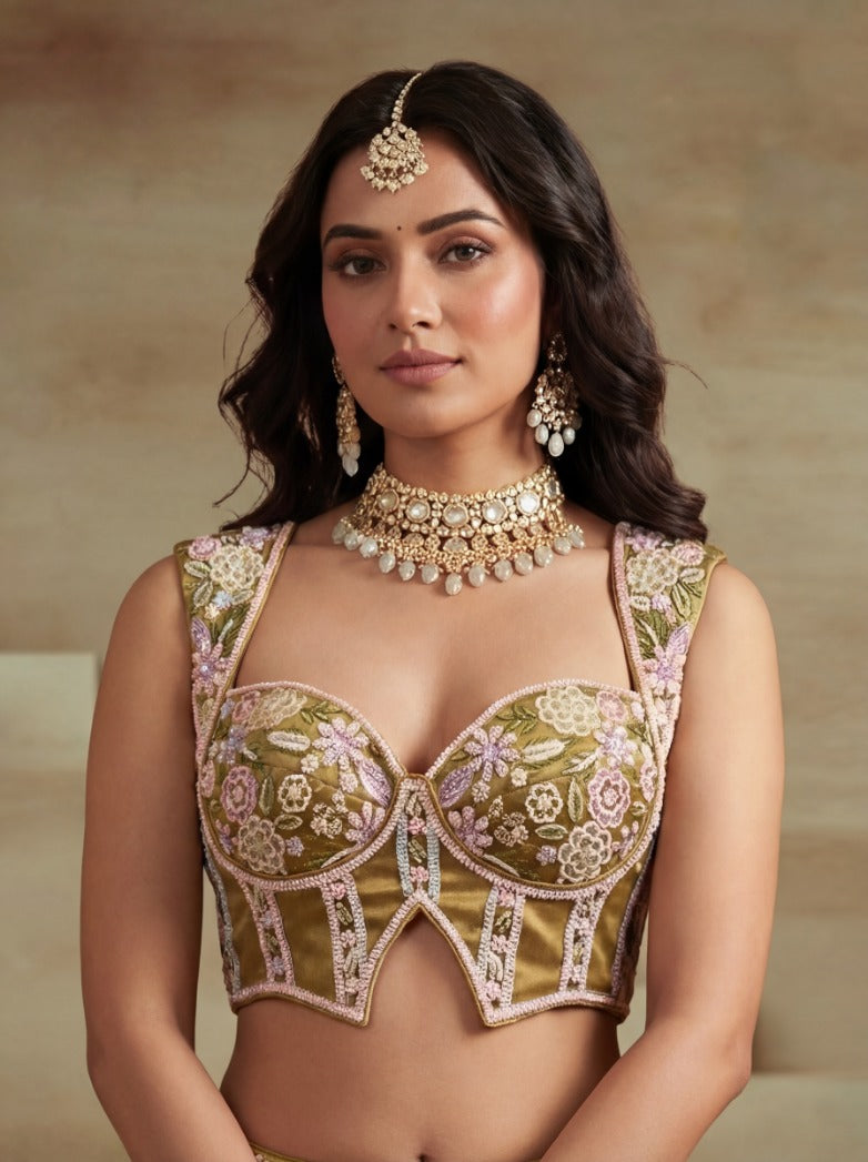 Mustard Tissue Moti Embroidered Lehenga for Guest - RENT