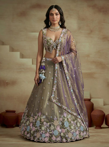 Purple Moti Embroidered Lehenga Choli for Guest - RENT