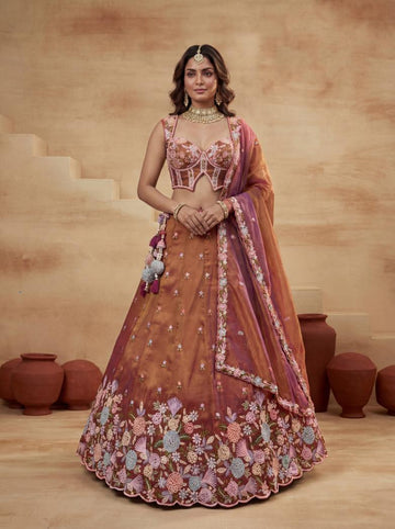 Rust Tissue Embroidered Lehenga for Wedding - RENT