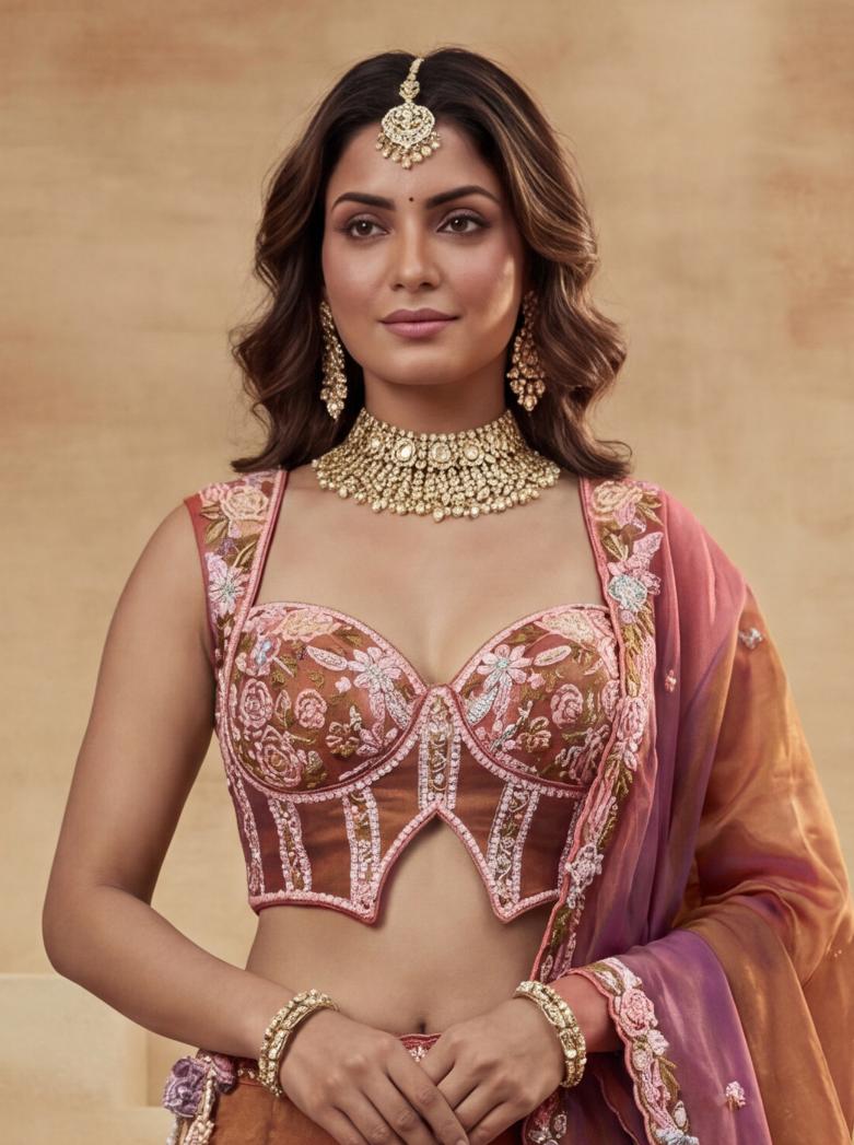 Rust Tissue Embroidered Lehenga for Wedding - RENT