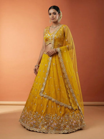 Mustard Chinnon Silk Embroidered Lehenga for Haldi - RENT