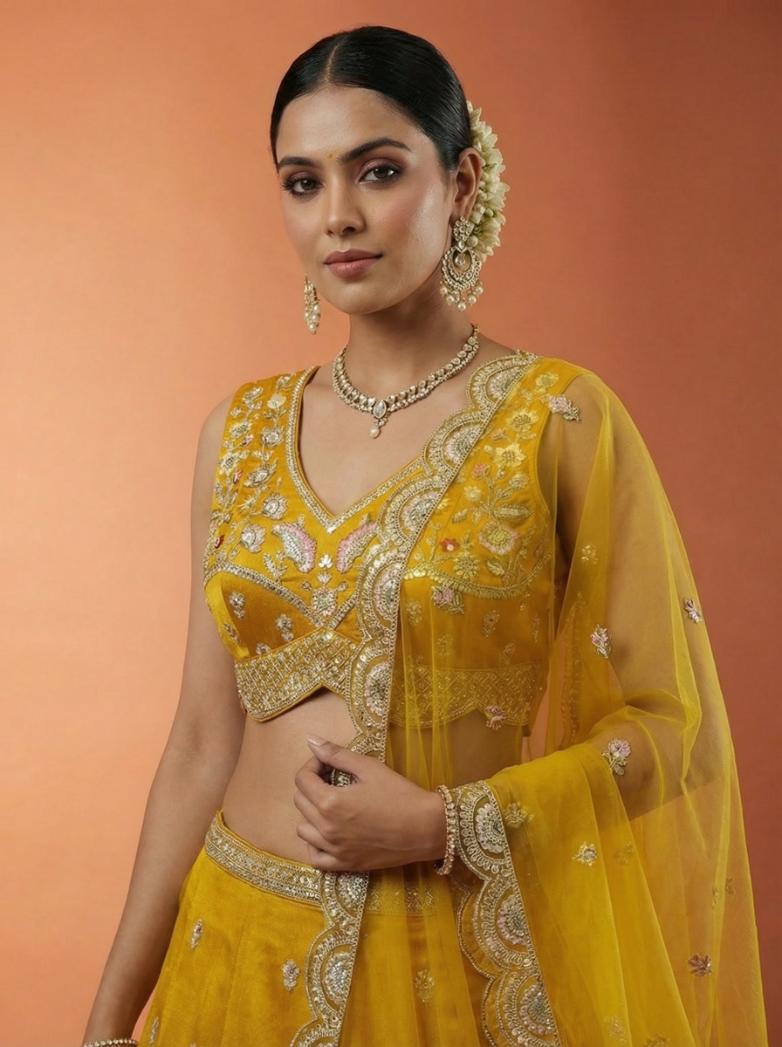 Mustard Chinnon Silk Embroidered Lehenga for Haldi - RENT