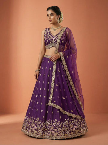 Magenta Chinnon Silk Motif Embroidery for Sangeet - RENT