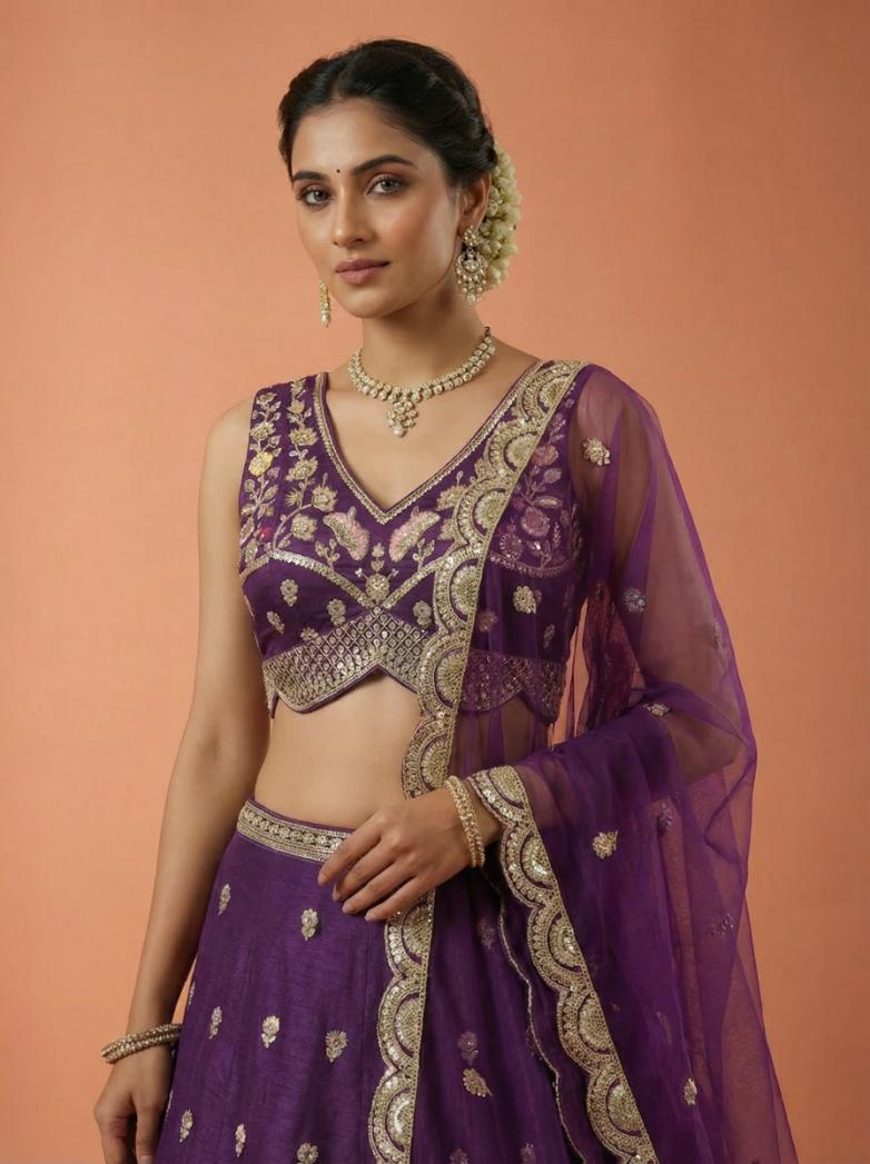 Magenta Chinnon Silk Motif Embroidery for Sangeet - RENT