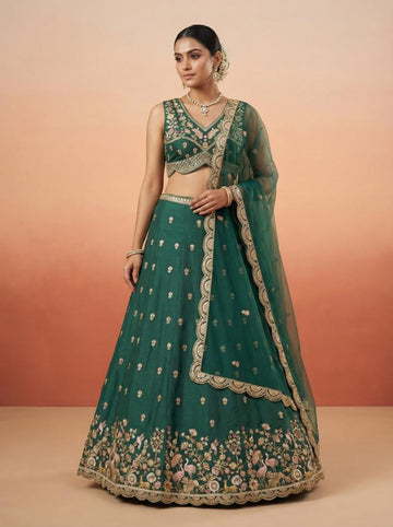 Green Chinnon Silk Lehenga Set for Mehendi - RENT