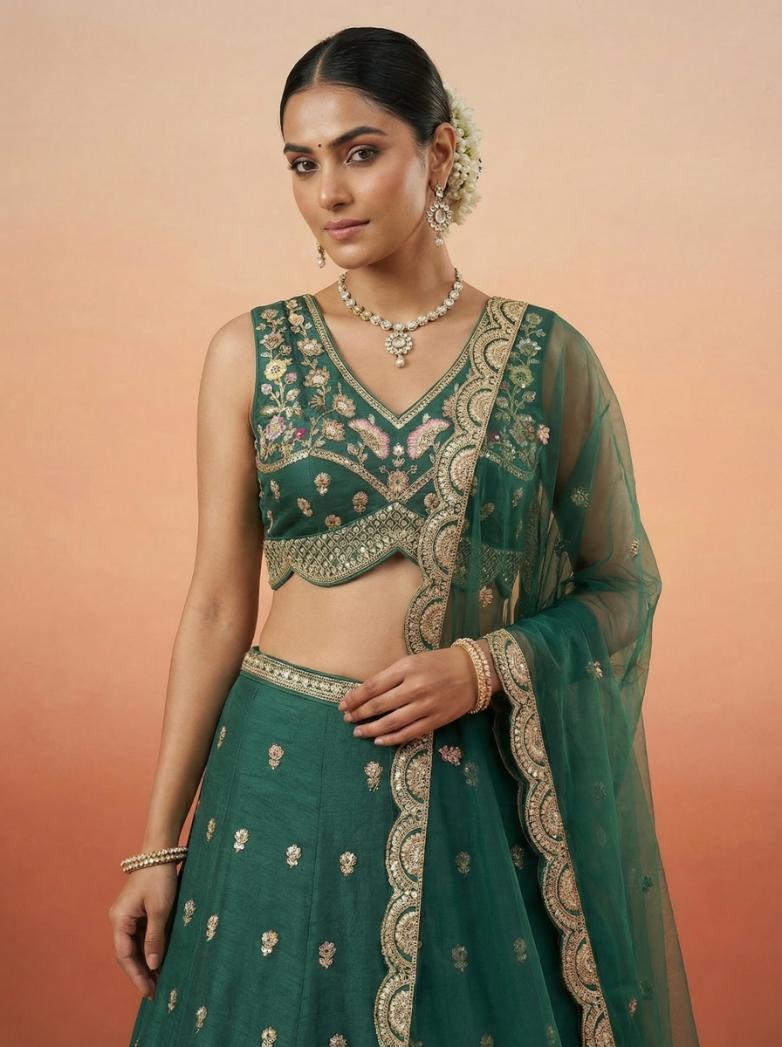 Green Chinnon Silk Lehenga Set for Mehendi - RENT