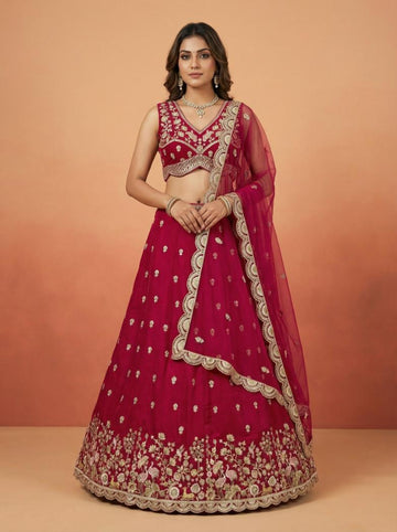 Pink Chinnon Silk with embroidery for Wedding Guest - RENT