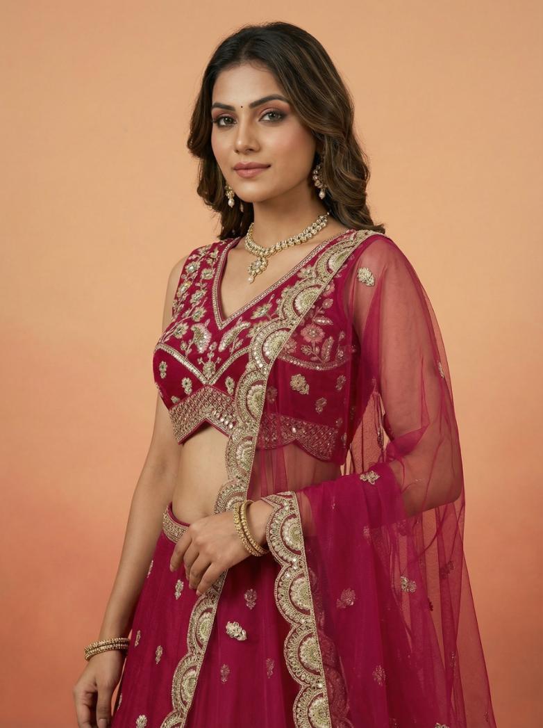 Pink Chinnon Silk with embroidery for Wedding Guest - RENT