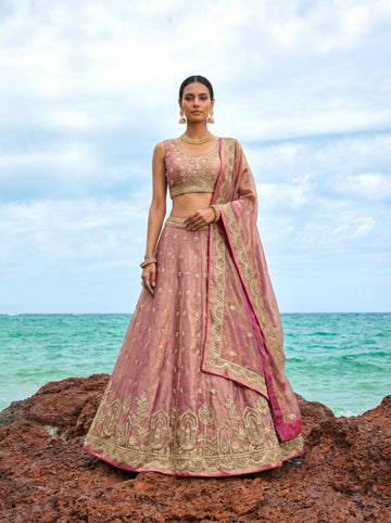 Rose Gold Tissue Embroidered Lehenga for Reception - RENT