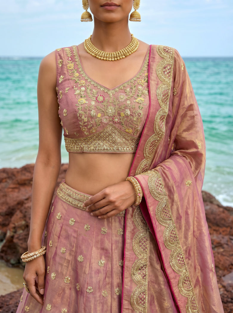 Rose Gold Tissue Embroidered Lehenga for Reception - RENT