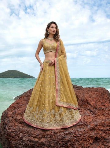 Mustard Tissue Moti Lehenga for Wedding - RENT