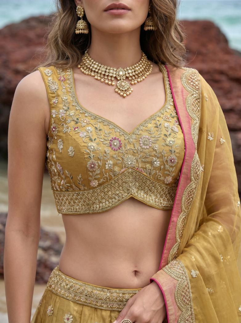 Mustard Tissue Moti Lehenga for Wedding - RENT