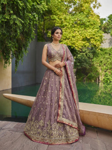 Mauve Tissue Moti Embroidered Lehenga for Sangeet - RENT