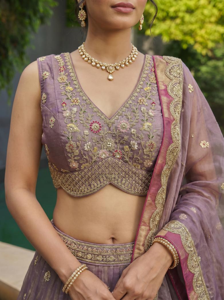 Mauve Tissue Moti Embroidered Lehenga for Sangeet - RENT