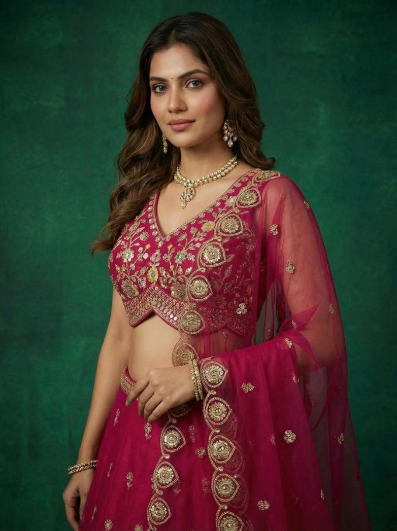 Pink Chinnon with Sequence Embroidered for Guest - RENT