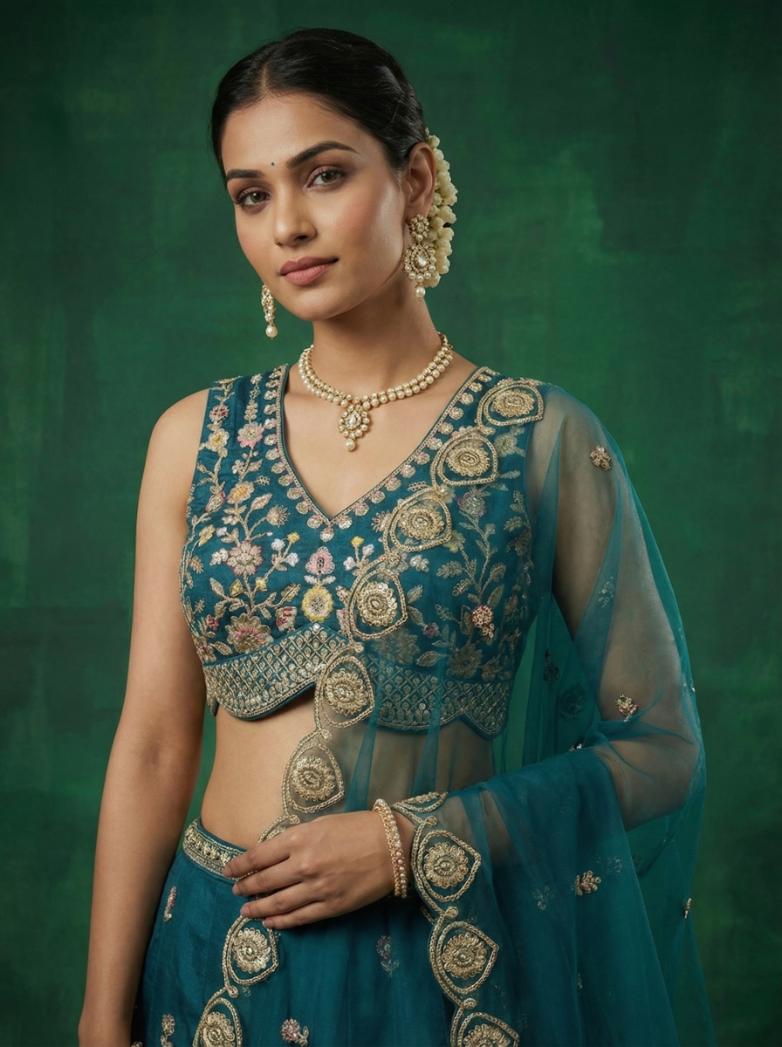 Teal Chinnon Sequence Lehenga for Sangeet - RENT