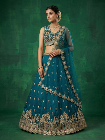 Teal Chinnon Sequence Lehenga for Sangeet - RENT