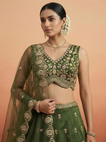 Olive Chinnon Embroidered Lehenga for Mehendi - RENT
