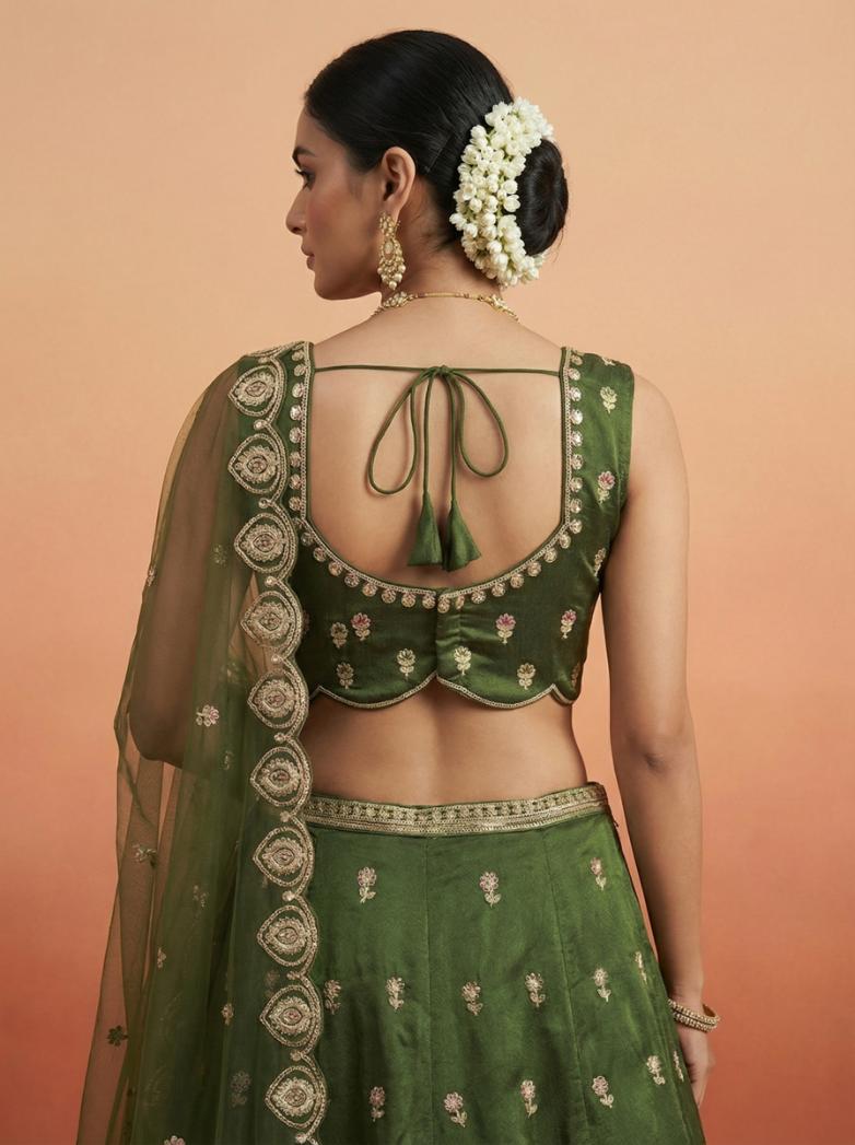 Olive Chinnon Embroidered Lehenga for Mehendi - RENT