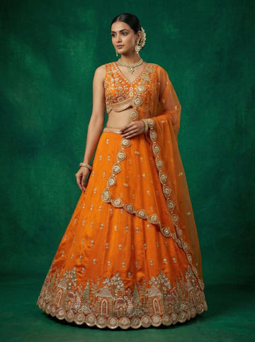 Orange Chinnon Sequence Embroidered for Wedding Guest - RENT