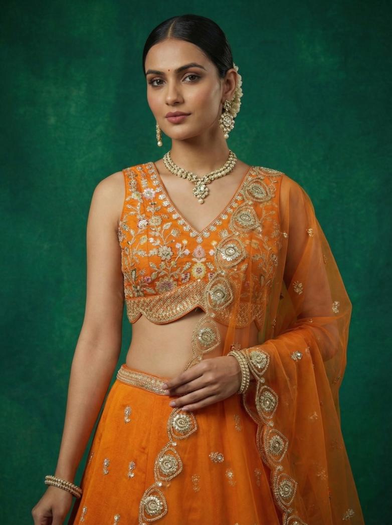 Orange Chinnon Sequence Embroidered for Wedding Guest - RENT