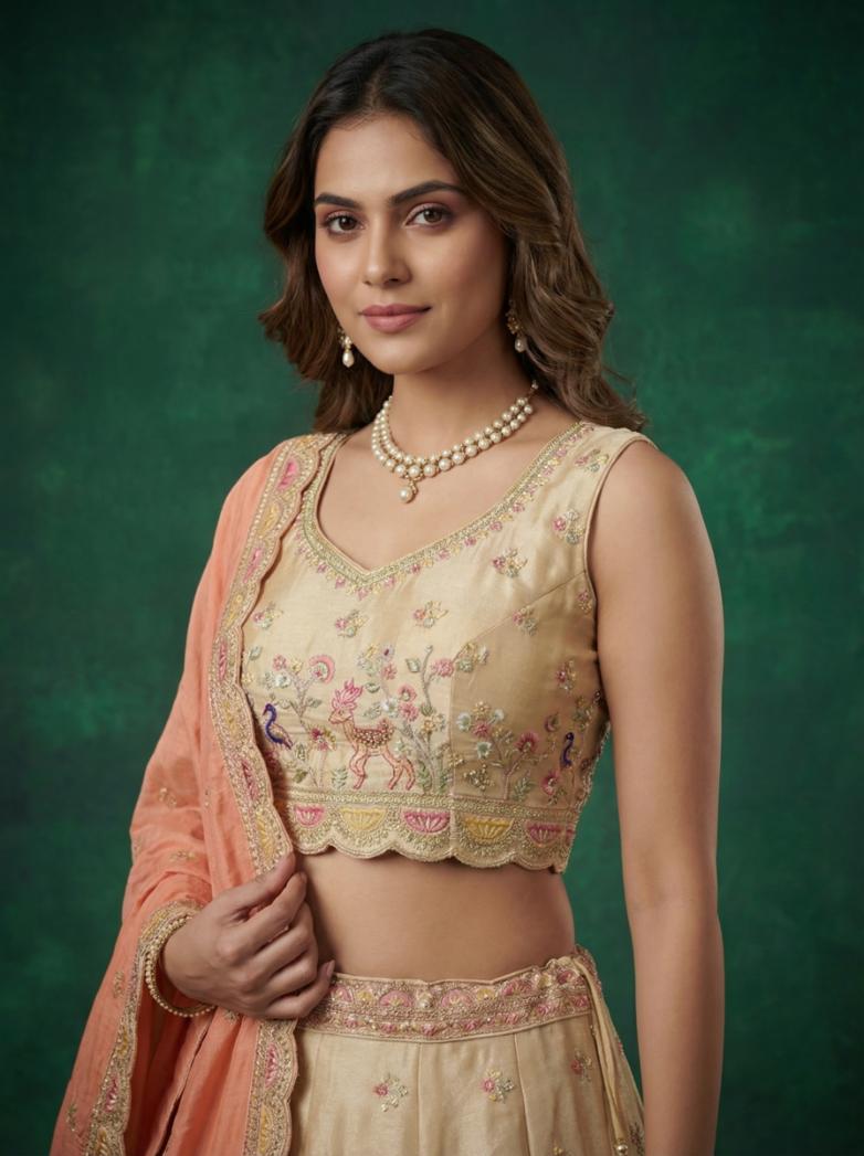 Beige Tissue Zarkan Embroidered for Wedding - RENT