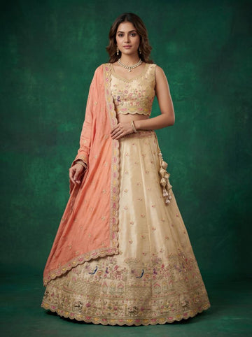 Beige Tissue Zarkan Embroidered for Wedding - RENT
