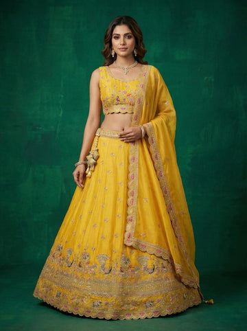 Yellow Tissue Zarkan Lehenga Choli for Haldi - RENT