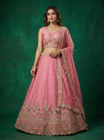 Pink Tissue Zarkan Embroidered Lehenga for Bridesmaid - RENT