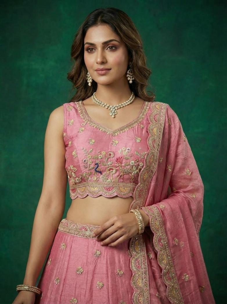 Pink Tissue Zarkan Embroidered Lehenga for Bridesmaid - RENT