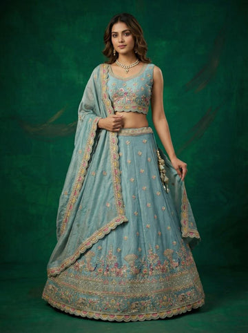 Turquoise Tissue Zarkan Embroidered Lehenga for Bridesmaid - RENT