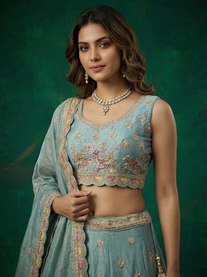 Turquoise Tissue Zarkan Embroidered Lehenga for Bridesmaid - RENT