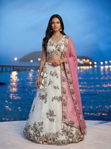 Cream Tissue Embroidered Lehenga for Sangeet - RENT