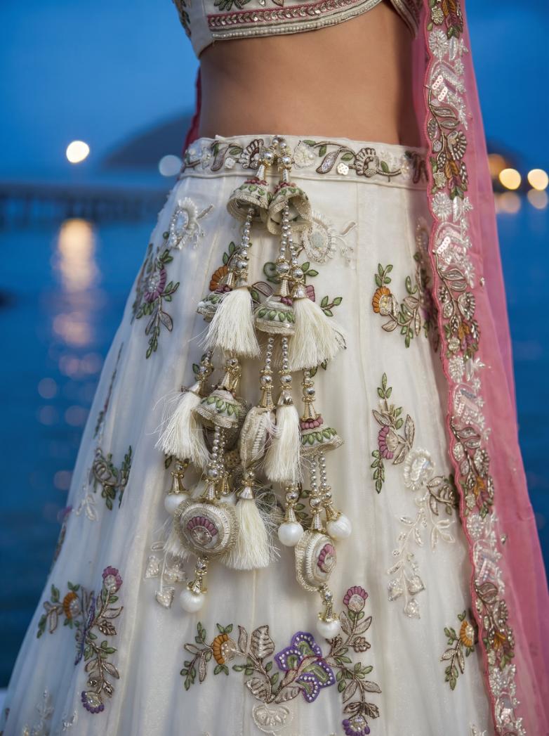 Cream Tissue Embroidered Lehenga for Sangeet - RENT