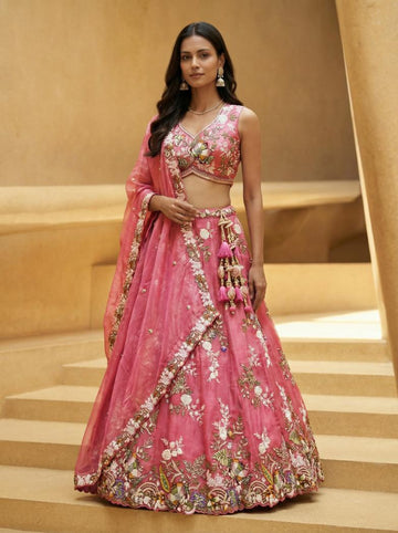 Pink Tissue Woolen Embroidered Lehenga for Sangeet - RENT